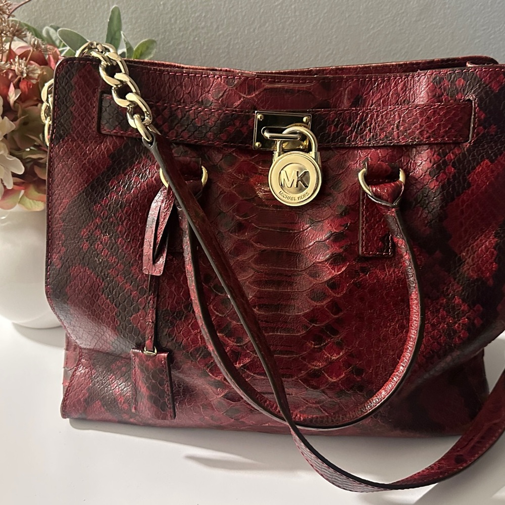 Michael Kors Red Snake Print Tote Bag - Picture 2 of 9